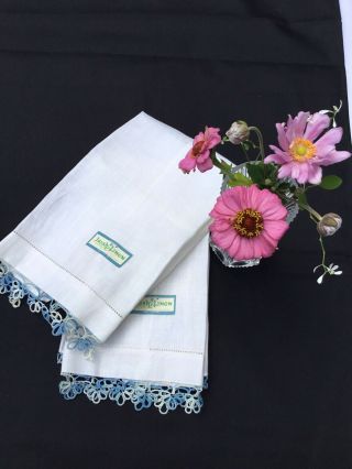 Irish Linen Tea Towels Set 2 Vintage White Blue Crochet Edge