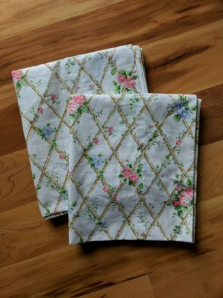 Martex Vintage Floral Pair King Sized Pillowcases Pink Roses On A Trellis Fence