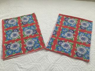 2 Vintage Opened Feed Sacks Blue White Daisies On Red - 44”x 36 "