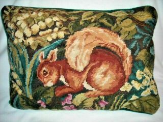 Vintage Wool Needlepoint Squirrel Throw Pillow Unbranded Velvet Blend Back Zip