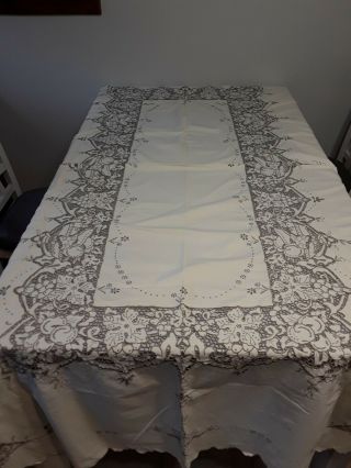 Vintage Ivory Table Cloth Cut Drawn Work Embroidery Cotton 48in.  X 64in.