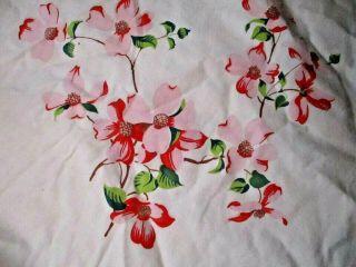 Vtg Vintage Round Cotton Print Tablecloth Pink Flowers White Fringe 64 "