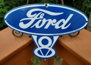 Vintage " Ford V8 Cars & Trucks " 8 " Porcelain Metal Gasoline & Oil Door Push Sign