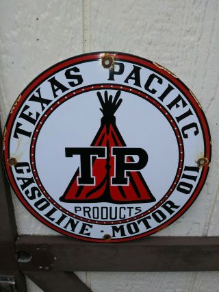 Old Vintage Texas Pacific Tp Motor Oil Gasoline Sign Porcelain Gas Pump Plate Ru