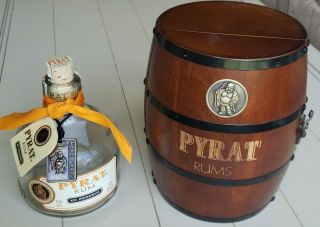 Pyrat Rum Wooden Barrel Display Case With Empty Bottle,  Charm,  Tag,  Tie & Cork