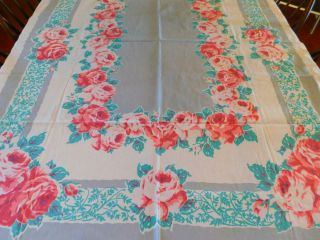 Vintage Cotton Printed Tablecloth Huge Pink Cottage Roses Turquoise Gray 52x66 "