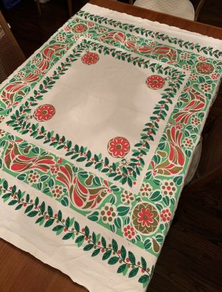 Vintage Christmas Tablecloth Mid Century Bold Printed Birds,  Flowers,  Garland
