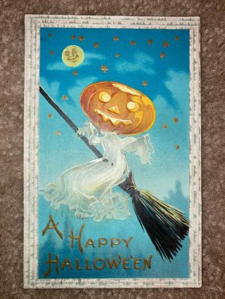1912 Halloween,  Pumpkin Ghost In Dress On Broom,  Moon Jack - O 
