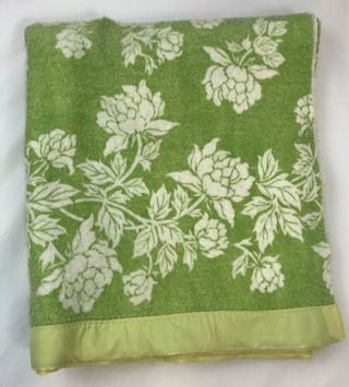 Vintage Acrylic Blanket Satin Nylon Trim Binding Floral Green Yellow 78 X 92