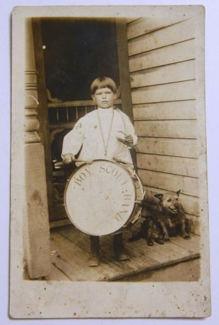 Vintage 1920 Rppc Real Photo Postcard Young Child Boy Scout Band Drummer W/ Dog