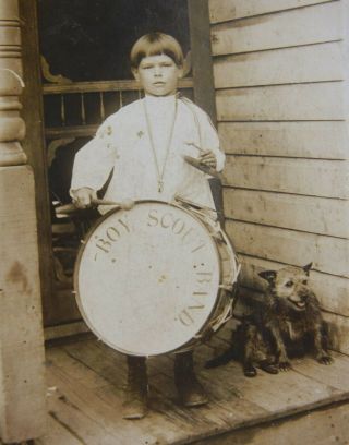 Vintage 1920 RPPC Real Photo POSTCARD Young Child BOY SCOUT BAND Drummer w/ DOG 2