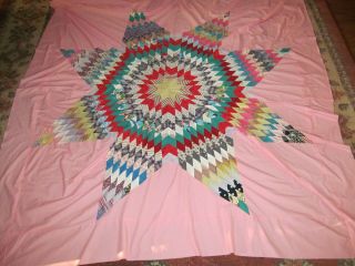 Vintage Hand Pieced Feed Sack Lone Star Quilt Top; 72 " X 72 "