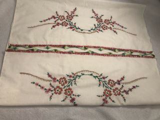 Vintage Hand - Embroidered/crocheted Dresser Scarf Floral 34 X 21.  5