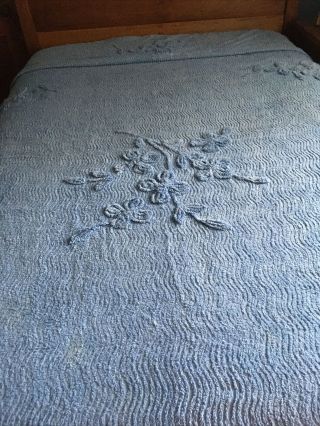 Vintage Solid Blue Chenille Full Size Bedspread Floral Motif,  Use Or Cutter
