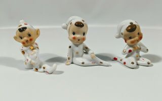 Vintage Set Of 3 Porcelain Polka Dot Pixie Elves Figurines Japan