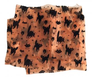 Flocked Sheer Black Cat Orange Halloween Fabric 23x58 " Runner Crafts Sewing