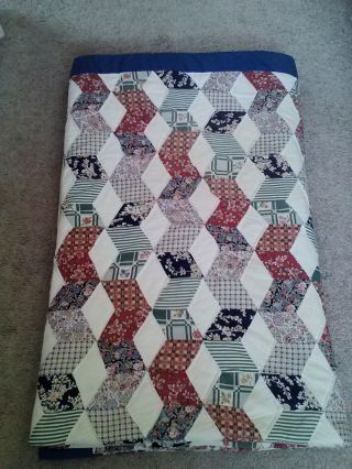Vintage Hand Made Tumbling Blocks Cubes Patchwork Quilt - 66x82 - Retro