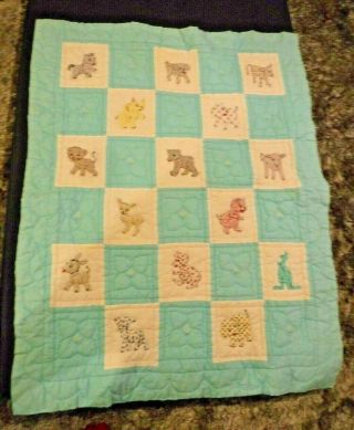 Vintage Hand Stiched Baby Crib Quilt Animal Motif & Embroidery 47 X 38