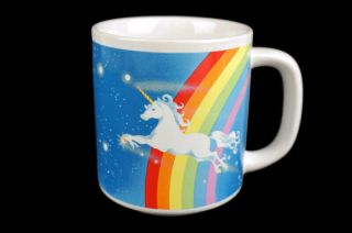Vintage White Unicorn & Rainbow Blue Coffee Mug Pegasus