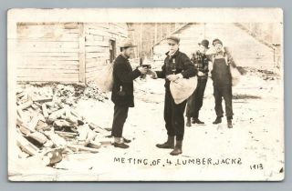 " 4 Lumberjacks " Enterprise Wi Photo Rppc Antique Logging Whiskey Drinking? 1913