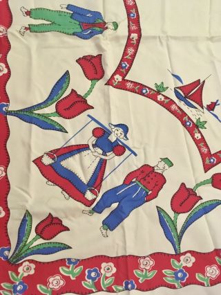 Vintage Mid Century Printed Cotton Square Tablecloth Dutch Windmill Tulip 46x52”