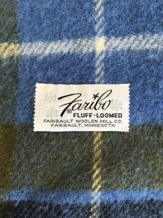 Vintage Faribo Wool Stadium Blanket Blue Green Plaid Fluff Loomed USA 2