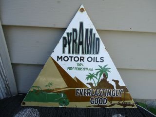 Old Vintage 1936 Pyramid Motor Oils Porcelain Gas Pump Sign 100 Pure Penn