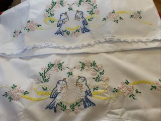 Vintage Pair Bluebirds Vintage White Cotton Pillowcases Embroidered Flower Birds