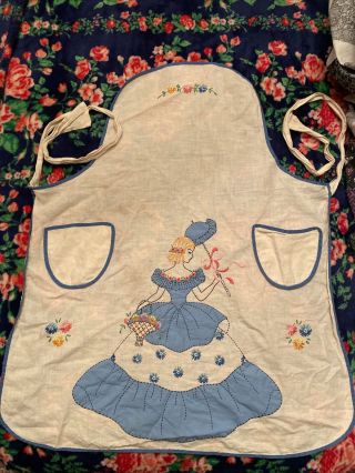 Vintage Pin On Apron Hand Embroidered Southern Belle Lady Flowers Cottage Shabby 2