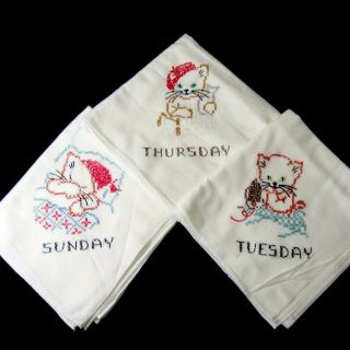 Set Of 3 Hand Embroidered Cat Kitten Tablecloths Vintage 1950s Days Of The Week