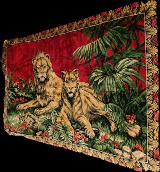 Vintage Velvet Tapestry Wall Hanging Rug Lion Family 44 " X 68 "