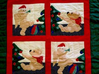 Appliquéd Christmas Quilt,  Teddy Bears,  Trees,  Nine Patch,  Red,  Blue,  Green