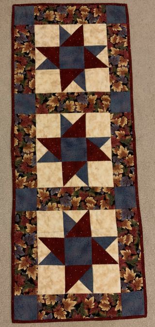 Red And Blue Fall Leaf Table Runner Quilt,  Handmade,
