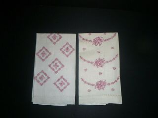 Vintage Pair Hand Embroidered Fine Linen Guest Towels Deep Rose Pink Thread