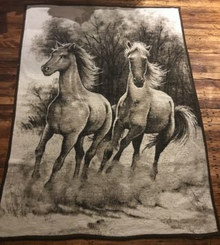Vintage Biederlack Of America Blanket Throw Black White Horses Reversible 73x52