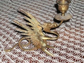 Stunning Ornate Brass Dragon Candle Holder Very Ornate Upright Wings Curly Tail