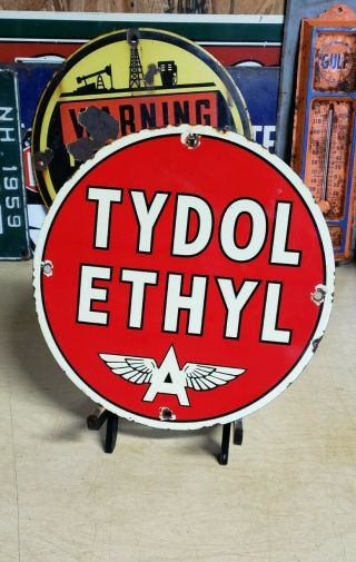 Tydol Ethy Flying A Gasoline Porcelain 10 " Sign Gas Pump Plate Vintage Gasoline