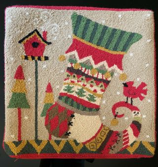 Christmas Hooked Wool Pillow Cover Stocking Cardinal Birdhouse