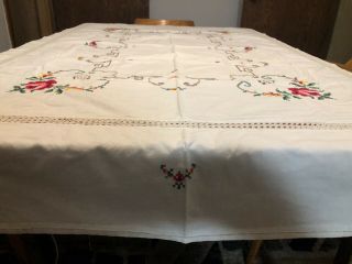 Vintage Cross Stitch Tablecloth With Flowers And Chrochet Lace Inserts 48 " X 64”