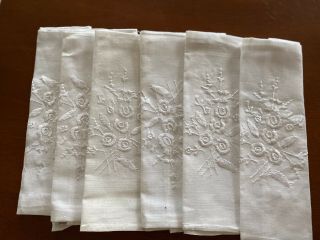 Set Of 6 Antique Vintage Linen Hand Embroidered Napkins White Raised Floral