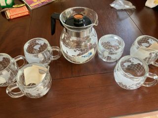 Vintage Nestle World Globe Etched Glass Coffee Mugs Pot Sugar