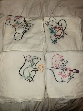 Antique Vintage Set Of 4 Hand Embroidered Flour Sack Kitchen Towels - Mice Themed