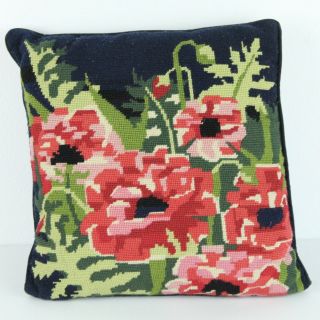Vintage Needlepoint Floral Throw Pillow Cottage Granny Country 13.  5 " Square Pink