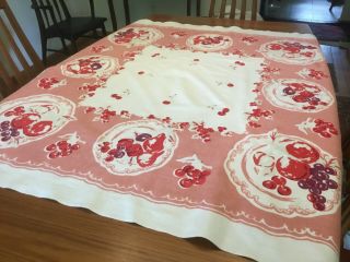 Vintage 50s Tablecloth,  Cherries,  Grapes With Pinkish On White