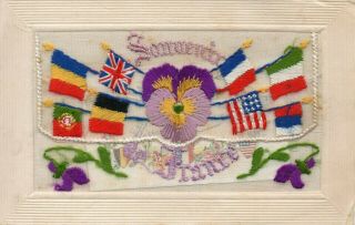 Souvenir De France: Allied Flags: Ww1 Patriotic Embroidered Silk Postcard
