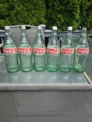 Vintage 32 Oz.  Green Glass Coca Cola Coke Bottles With Caps (6 Total)
