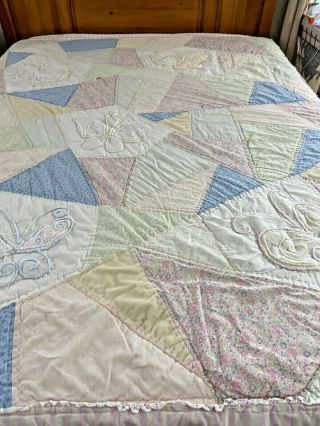 Vintage Hand Quilted Crazy Quilt W Chenille Butterfly Quilt 77 " X 85 " Full 598
