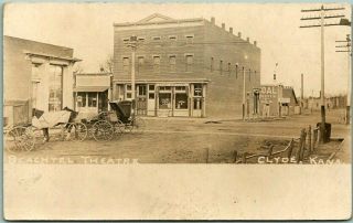 1910s Clyde,  Kansas Rppc Real Photo Postcard Beachtel Theatre Street View
