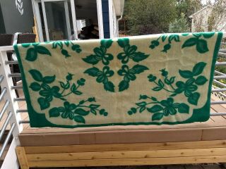 Vintage 100 Wool Green White Floral Reversible Blanket,  55 