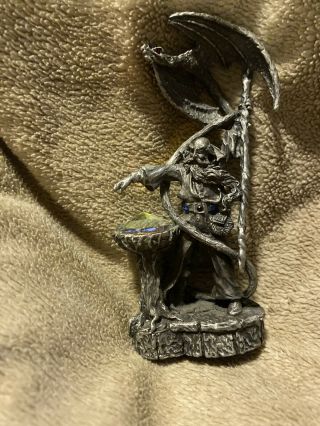 Vintage Pewter Dragon And Wizard Figure With Crystal Ball